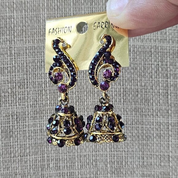 Jewelry - Women Earrings Purple Crystals Accent Gold Tone Fashion Ear Jewelry Jhumka Style